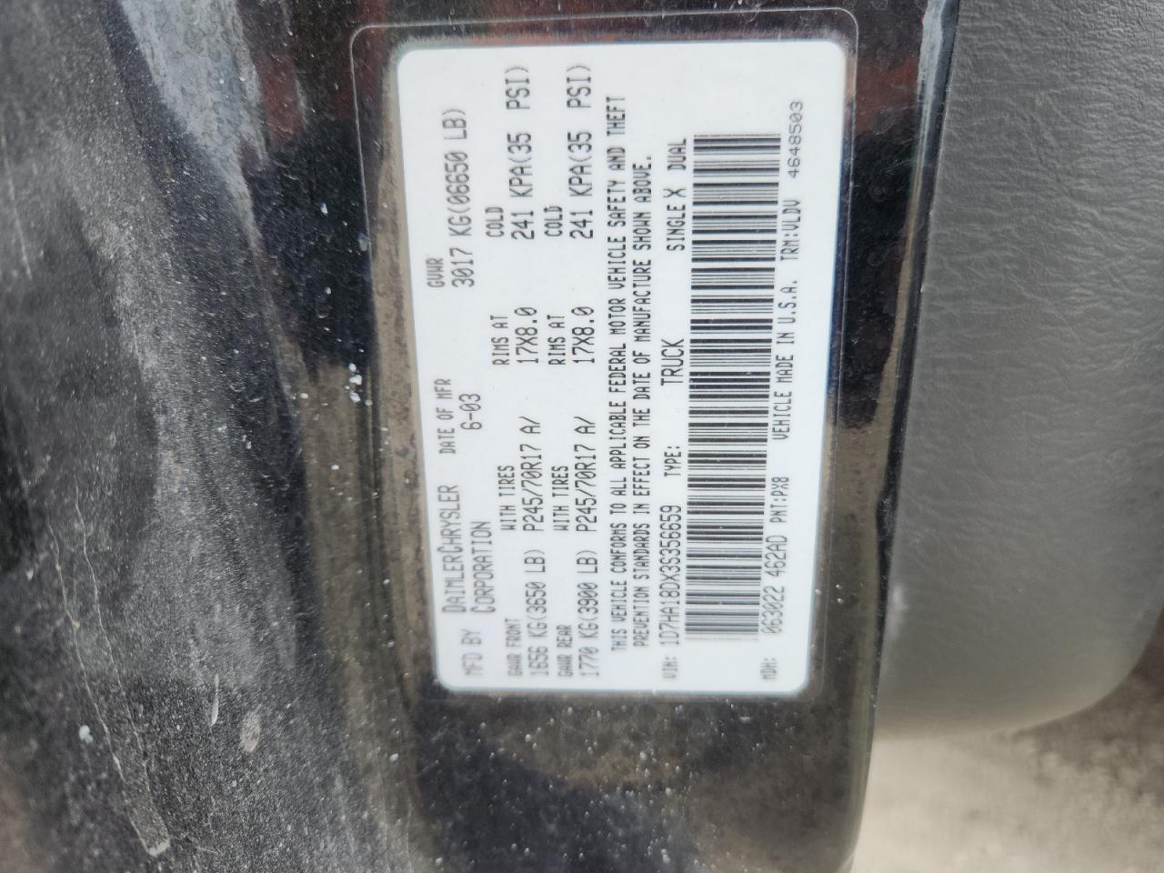 2003 Dodge Ram 1500 St VIN: 1D7HA18DX3S356659 Lot: 70862935