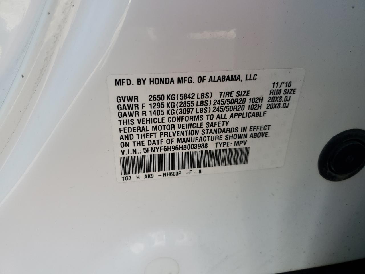 2017 Honda Pilot Touring VIN: 5FNYF6H96HB003988 Lot: 84274855