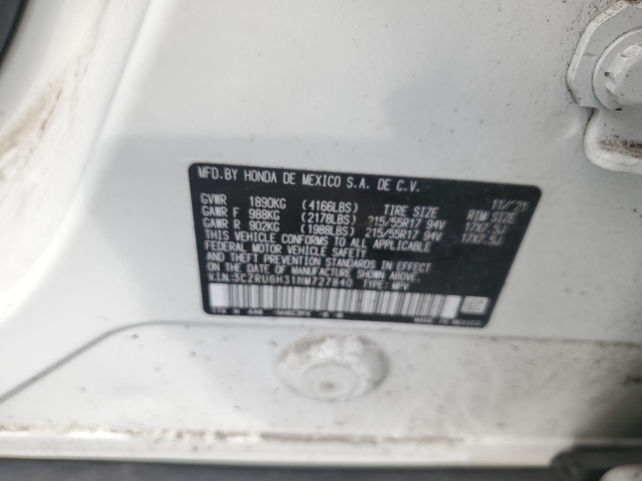 2022 Honda Hr-V Lx VIN: 3CZRU6H31NM727840 Lot: 81404465