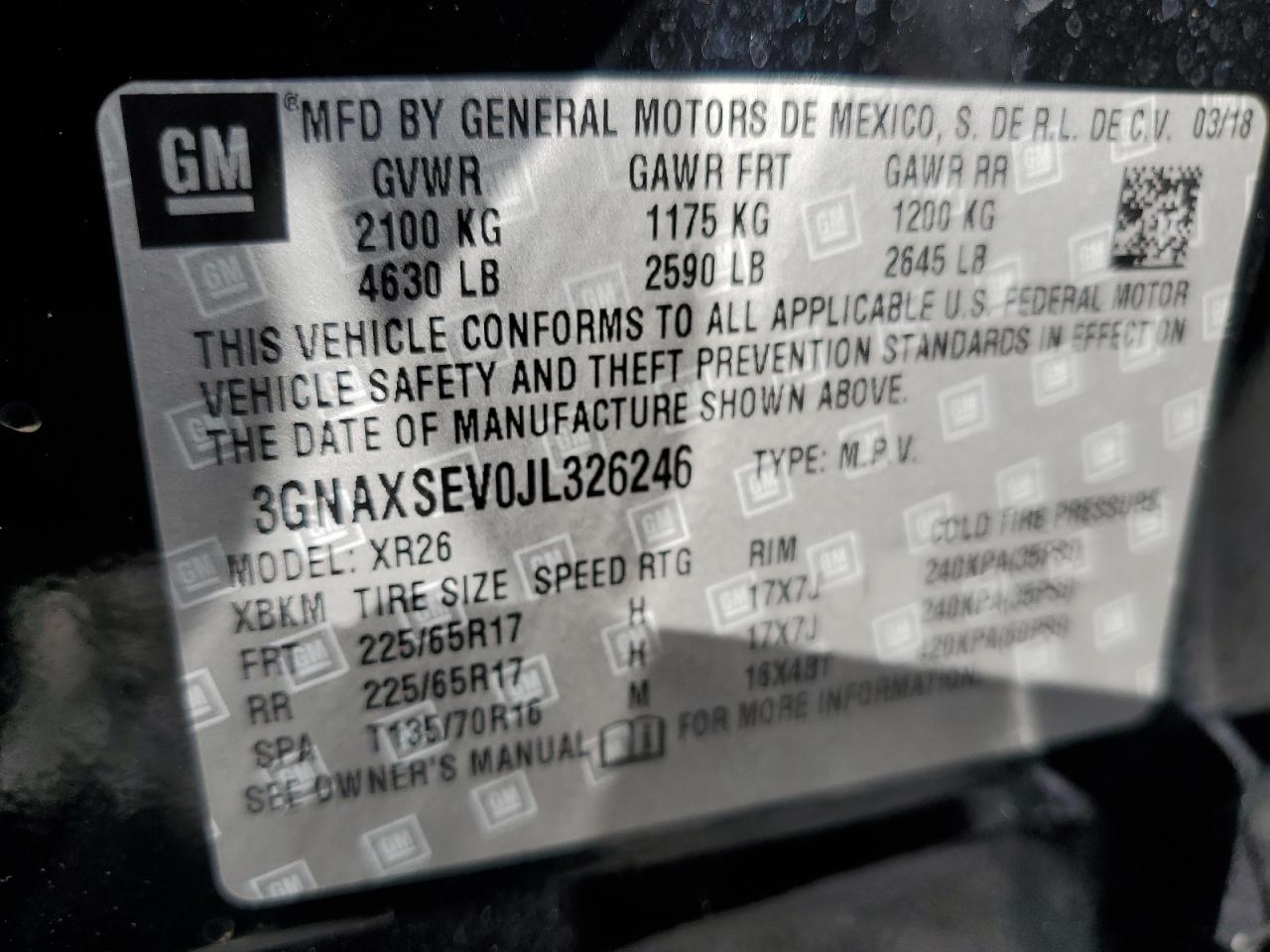 2018 Chevrolet Equinox Lt VIN: 3GNAXSEV0JL326246 Lot: 84633535