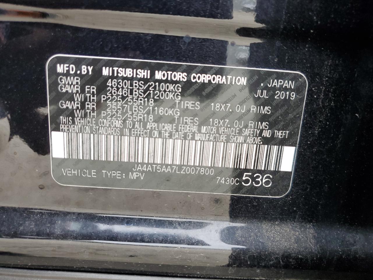 2020 Mitsubishi Eclipse Cross Se VIN: JA4AT5AA7LZ007800 Lot: 84278035