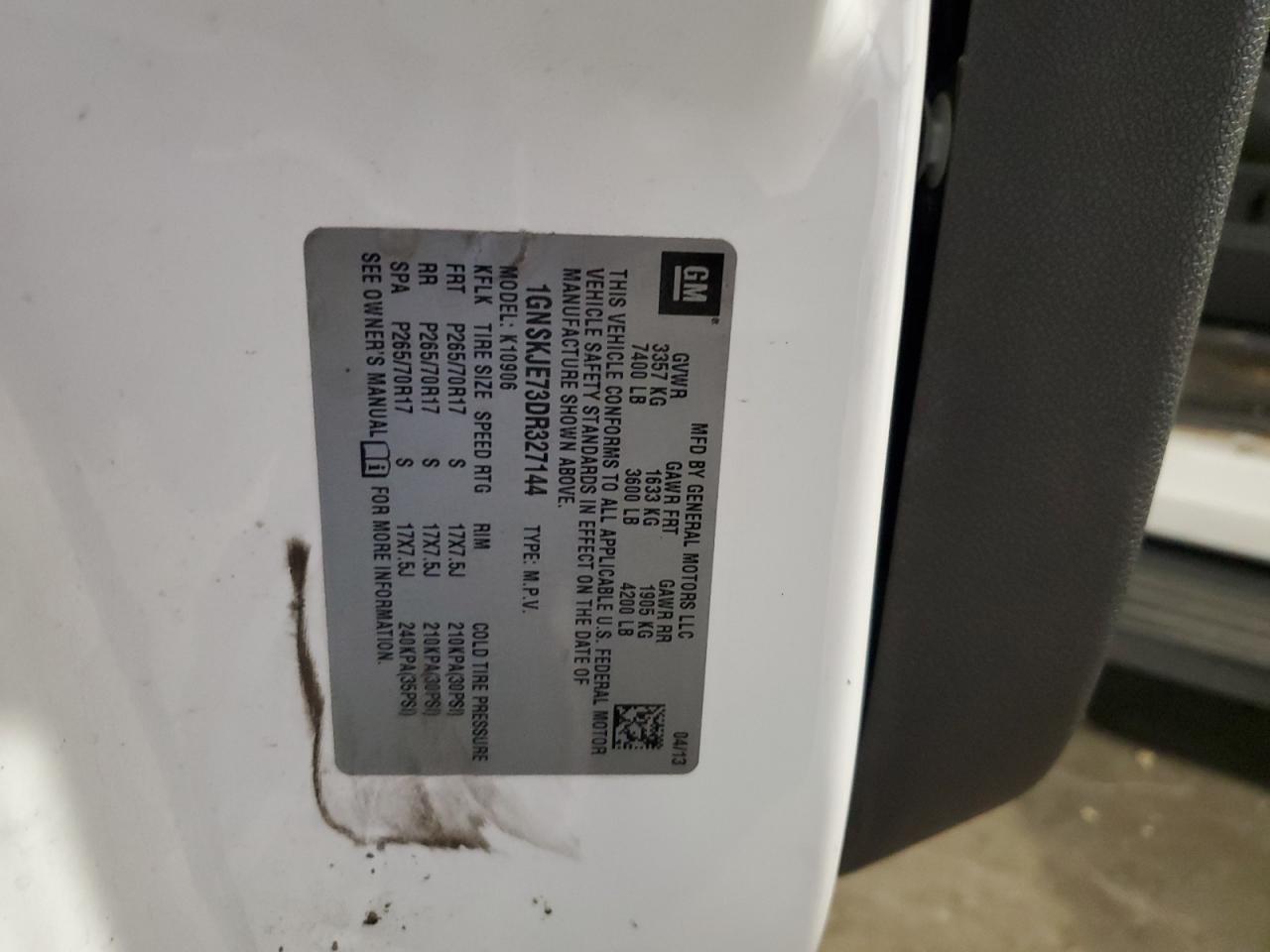 2013 Chevrolet Suburban K1500 Lt VIN: 1GNSKJE73DR327144 Lot: 80366855