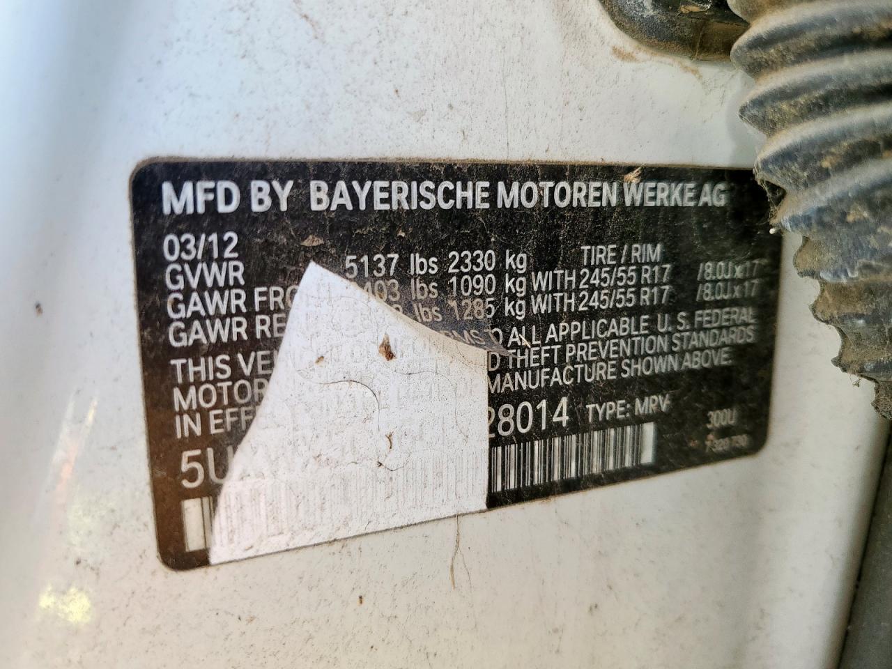 2012 BMW X3 xDrive28I VIN: 5UXWX5C56CL728014 Lot: 71211285