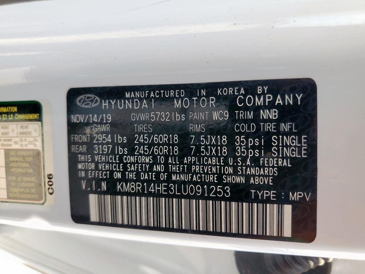 2020 Hyundai Palisade Se VIN: KM8R14HE3LU091253 Lot: 84876825