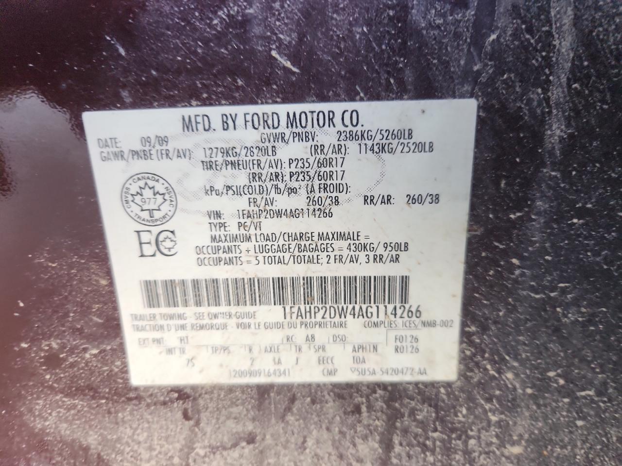 2010 Ford Taurus Se VIN: 1FAHP2DW4AG114266 Lot: 81885665