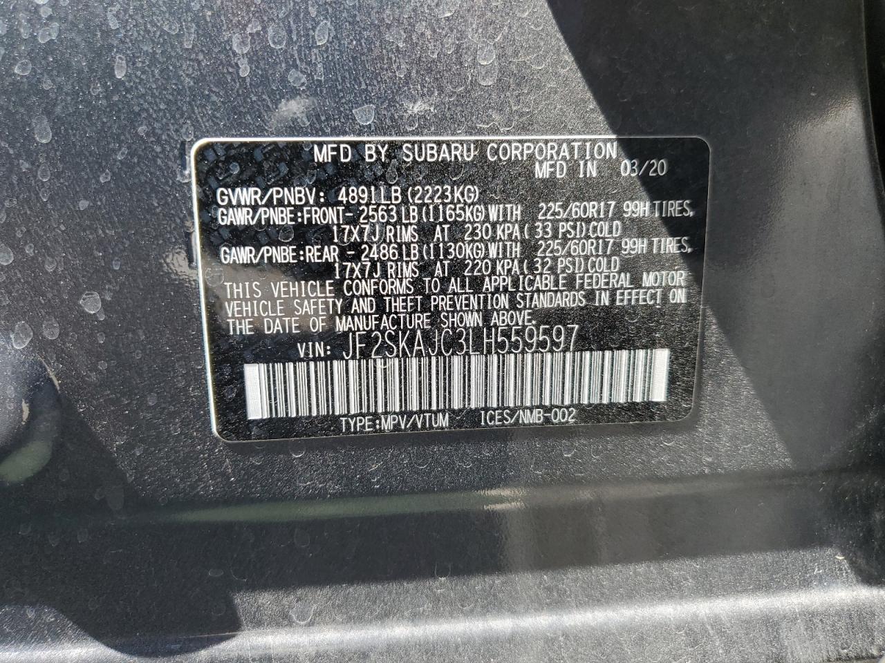 2020 Subaru Forester Premium VIN: JF2SKAJC3LH559597 Lot: 81149965