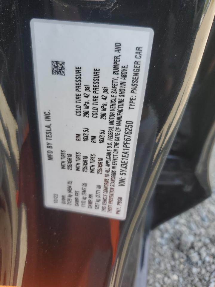 2023 Tesla Model 3 VIN: 5YJ3E1EA1PF676250 Lot: 72068215