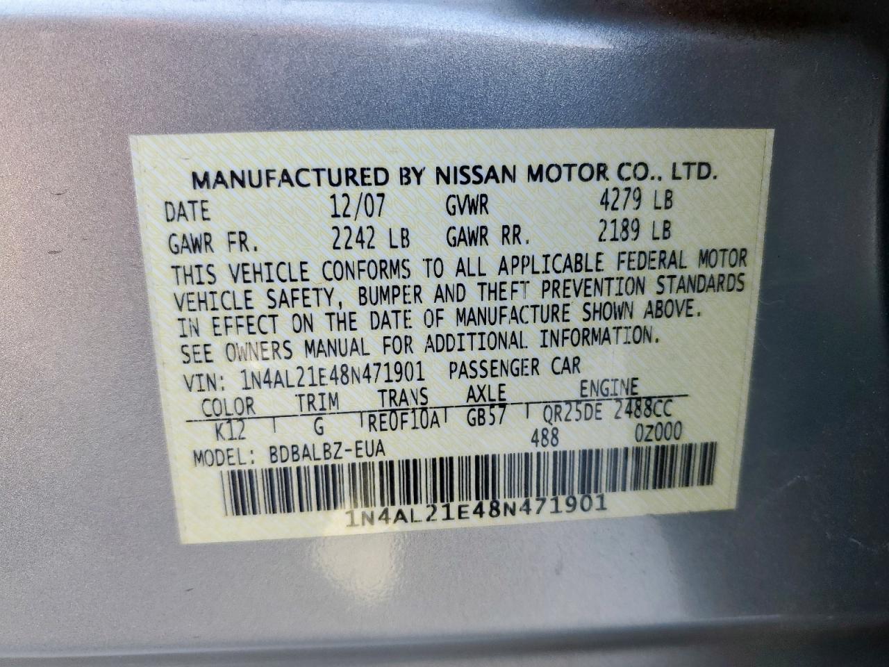 2008 Nissan Altima 2.5 VIN: 1N4AL21E48N471901 Lot: 81046915