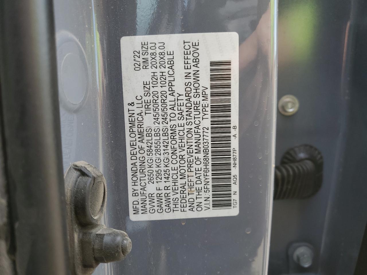 2022 Honda Pilot Touring VIN: 5FNYF6H68NB037772 Lot: 71996515