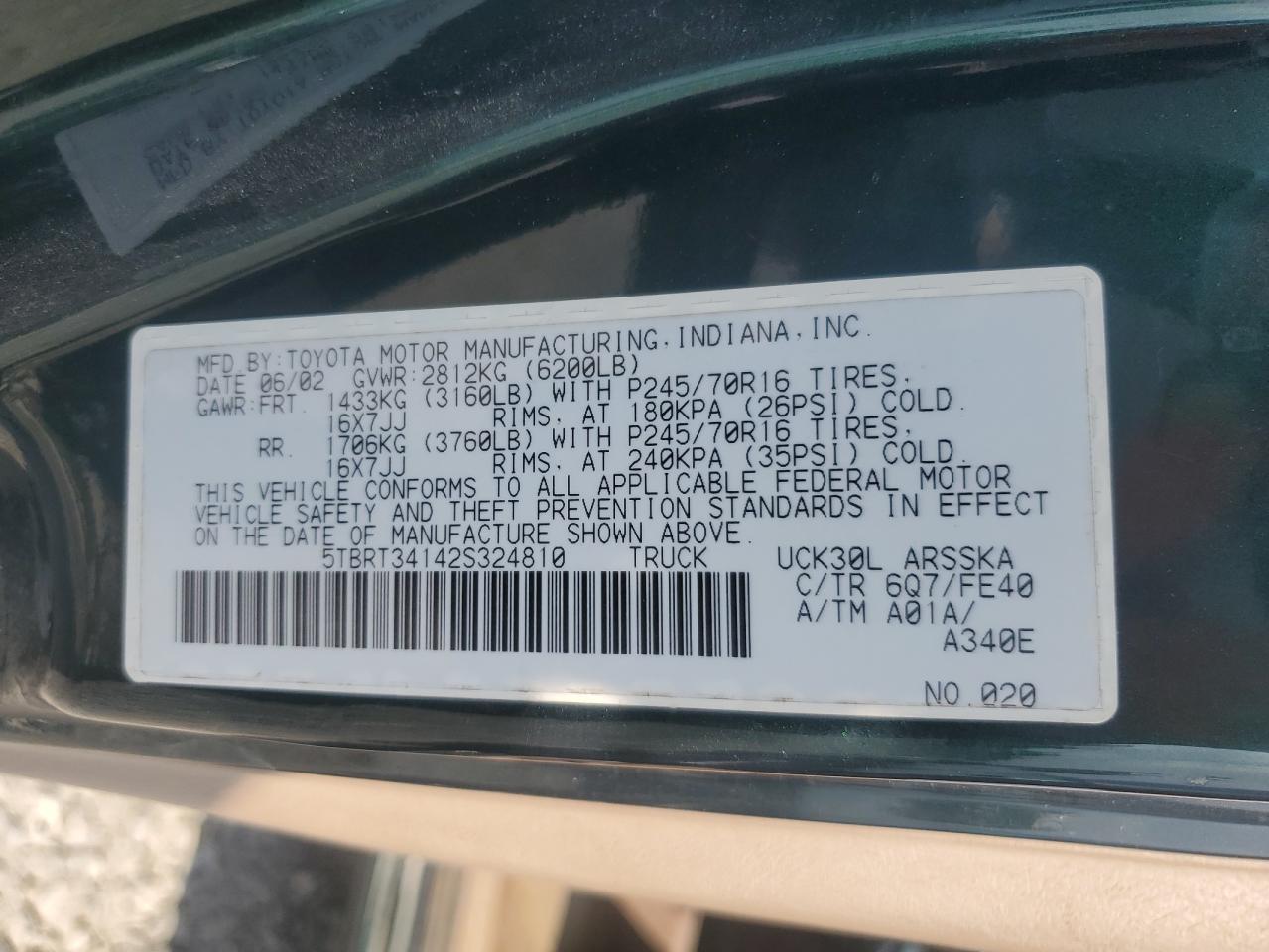 2002 Toyota Tundra Access Cab VIN: 5TBRT34142S324810 Lot: 81401375