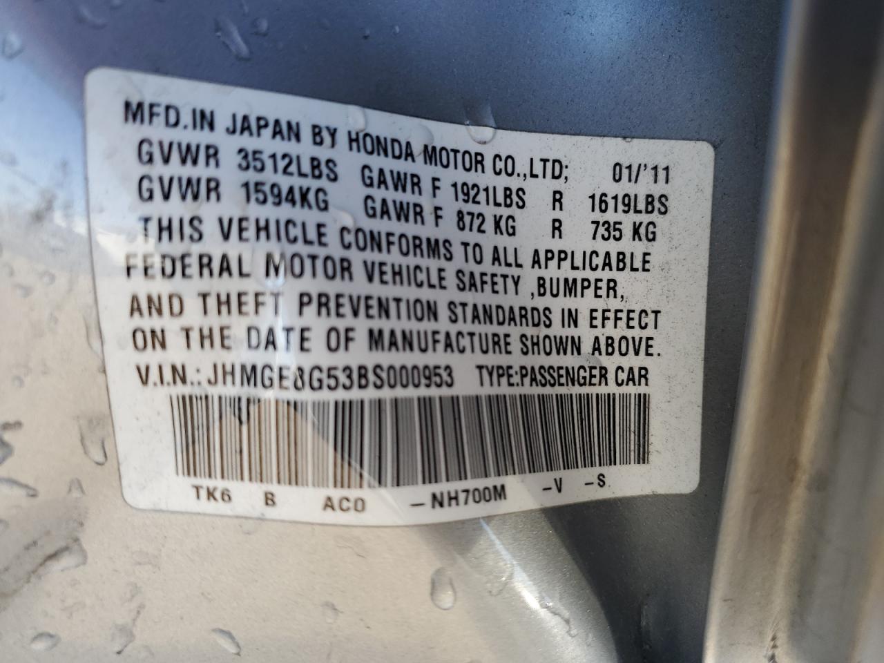 2011 Honda Fit Sport VIN: JHMGE8G53BS000953 Lot: 71112445