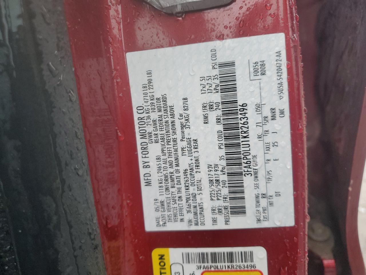 2019 Ford Fusion Se VIN: 3FA6P0LU1KR263496 Lot: 81469975