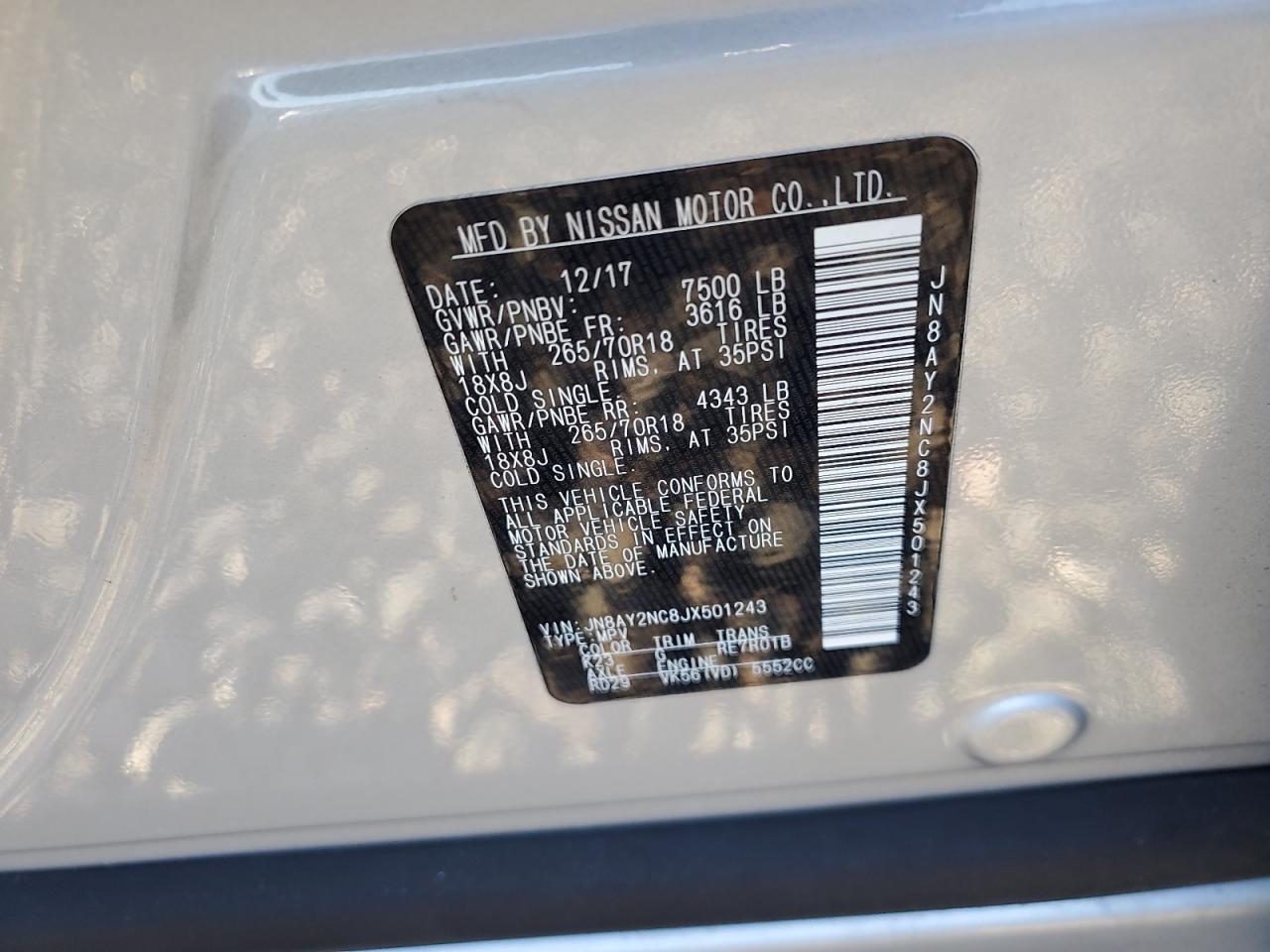 2018 Nissan Armada Sv VIN: JN8AY2NC8JX501243 Lot: 85104795