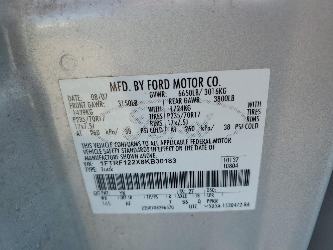 2008 Ford F150 VIN: 1FTRF122X8KB30183 Lot: 80645605