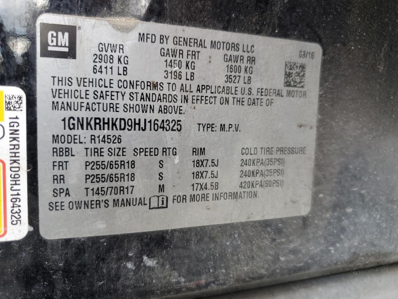 2017 Chevrolet Traverse Lt VIN: 1GNKRHKD9HJ164325 Lot: 84208905