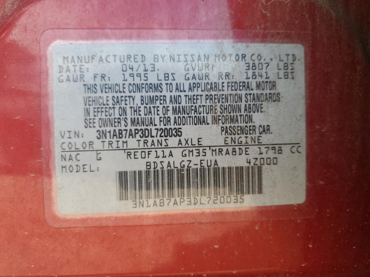 2013 Nissan Sentra S VIN: 3N1AB7AP3DL720035 Lot: 71007805