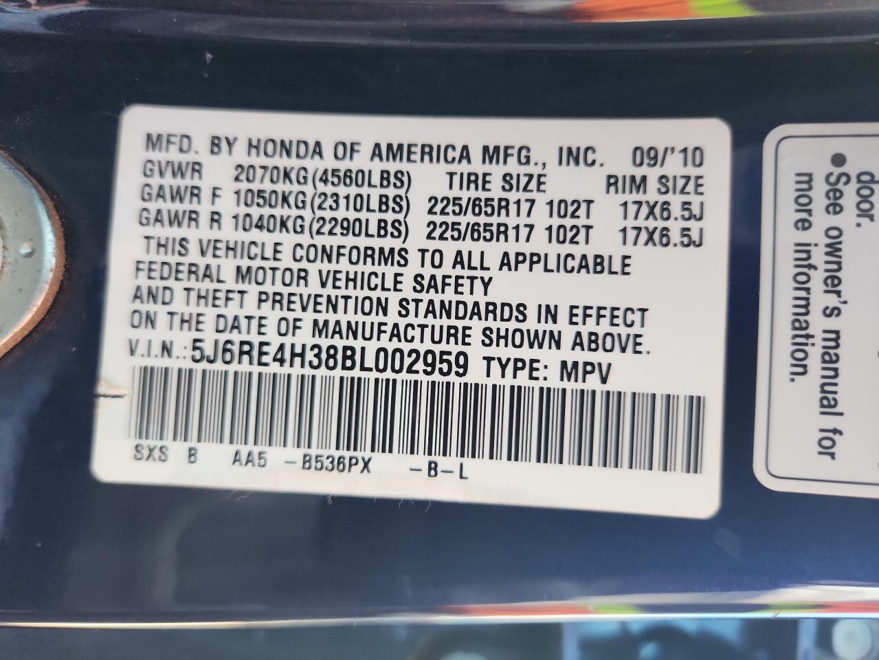2011 Honda Cr-V Lx VIN: 5J6RE4H38BL002959 Lot: 81587335