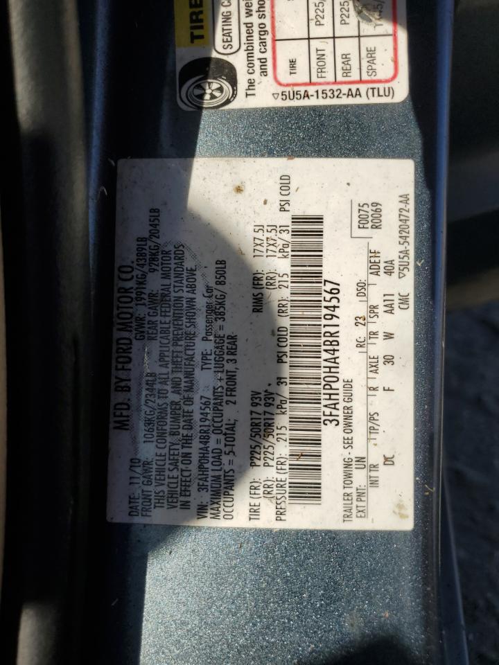 2011 Ford Fusion Se VIN: 3FAHP0HA4BR194567 Lot: 80218675