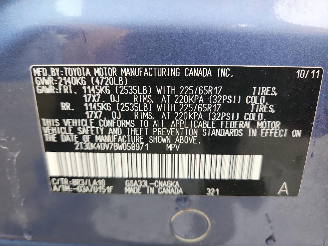 2011 Toyota Rav4 Limited VIN: 2T3DK4DV7BW058971 Lot: 82122465