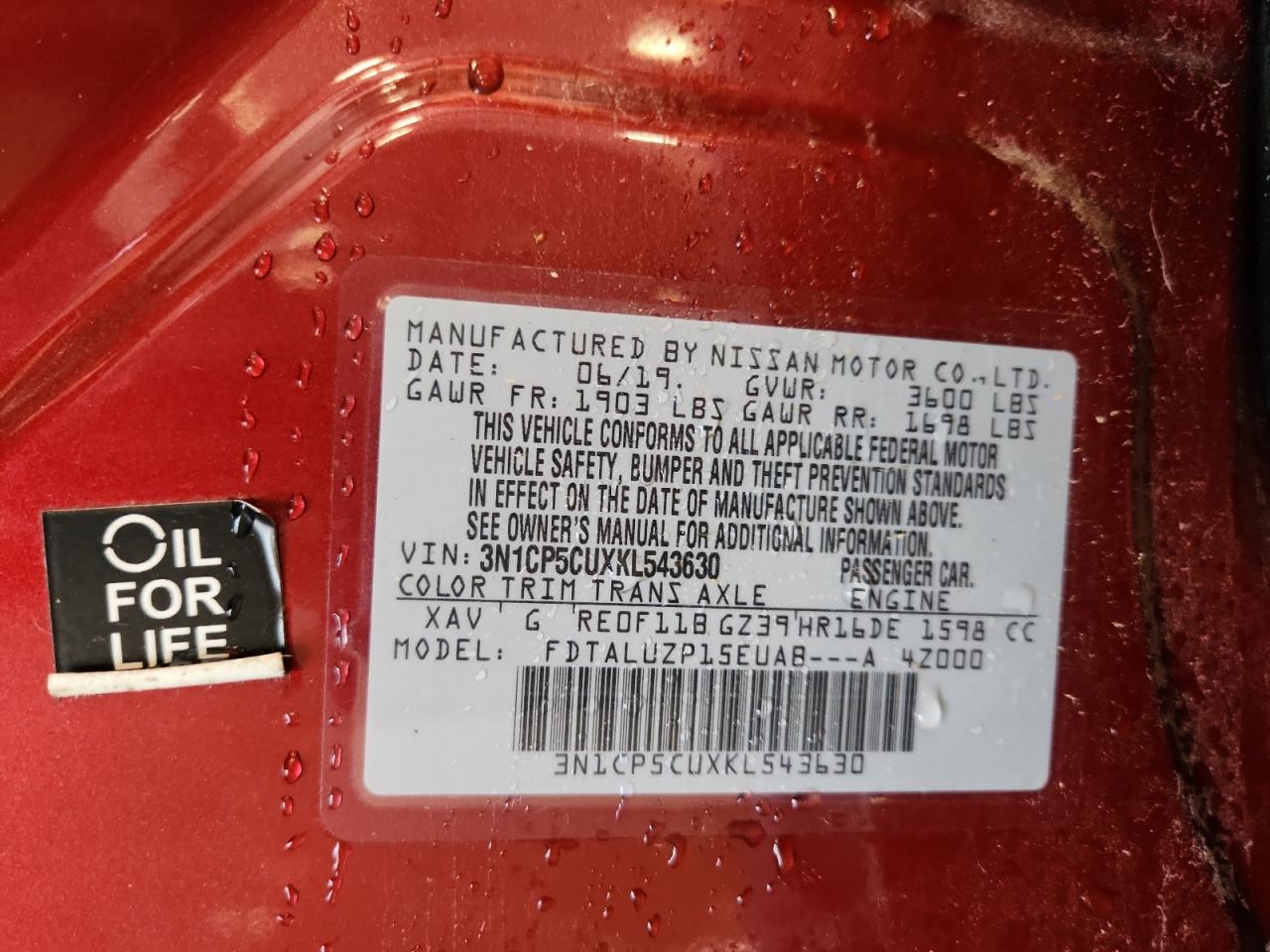 2019 Nissan Kicks S VIN: 3N1CP5CUXKL543630 Lot: 71790315