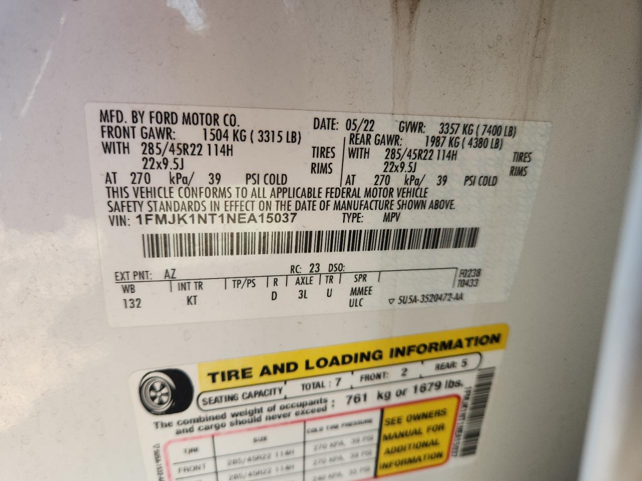 2022 Ford Expedition Max King Ranch VIN: 1FMJK1NT1NEA15037 Lot: 80150315