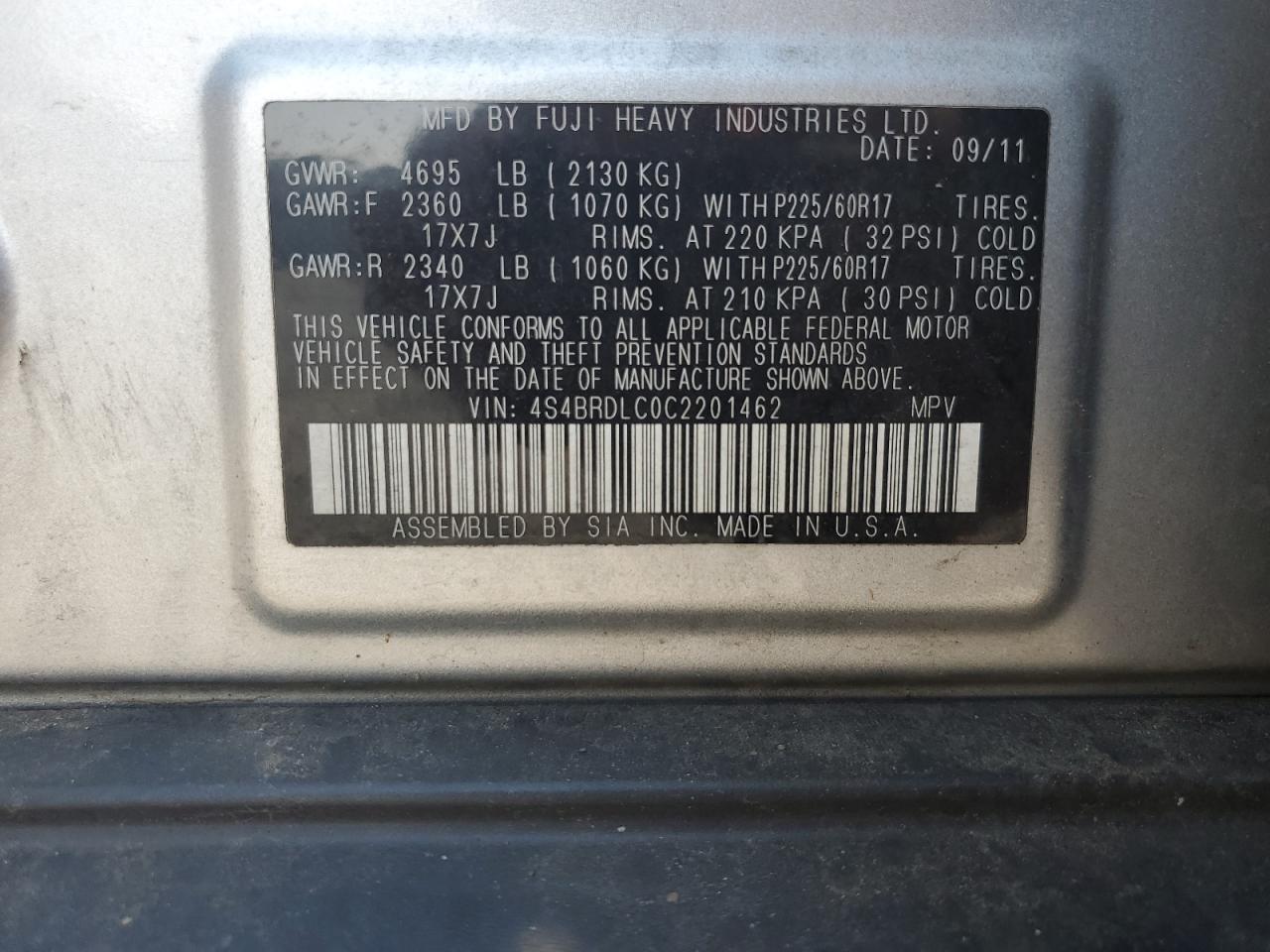 2012 Subaru Outback 3.6R Limited VIN: 4S4BRDLC0C2201462 Lot: 71585715