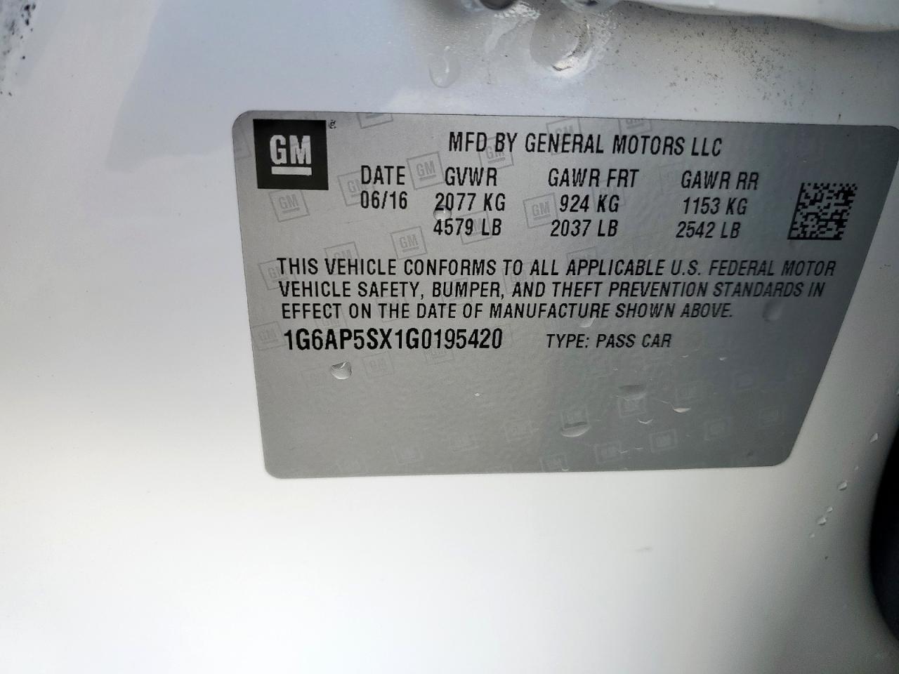 2016 Cadillac Cts VIN: 1G6AP5SX1G0195420 Lot: 81778365