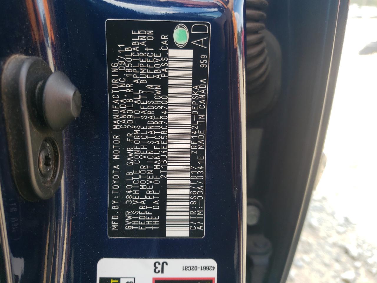 2011 Toyota Corolla Base VIN: 2T1BU4EE5BC704700 Lot: 80963805