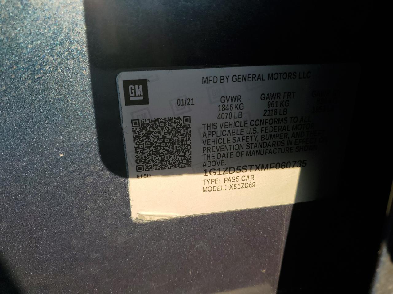 2021 Chevrolet Malibu Lt VIN: 1G1ZD5STXMF060735 Lot: 84442245