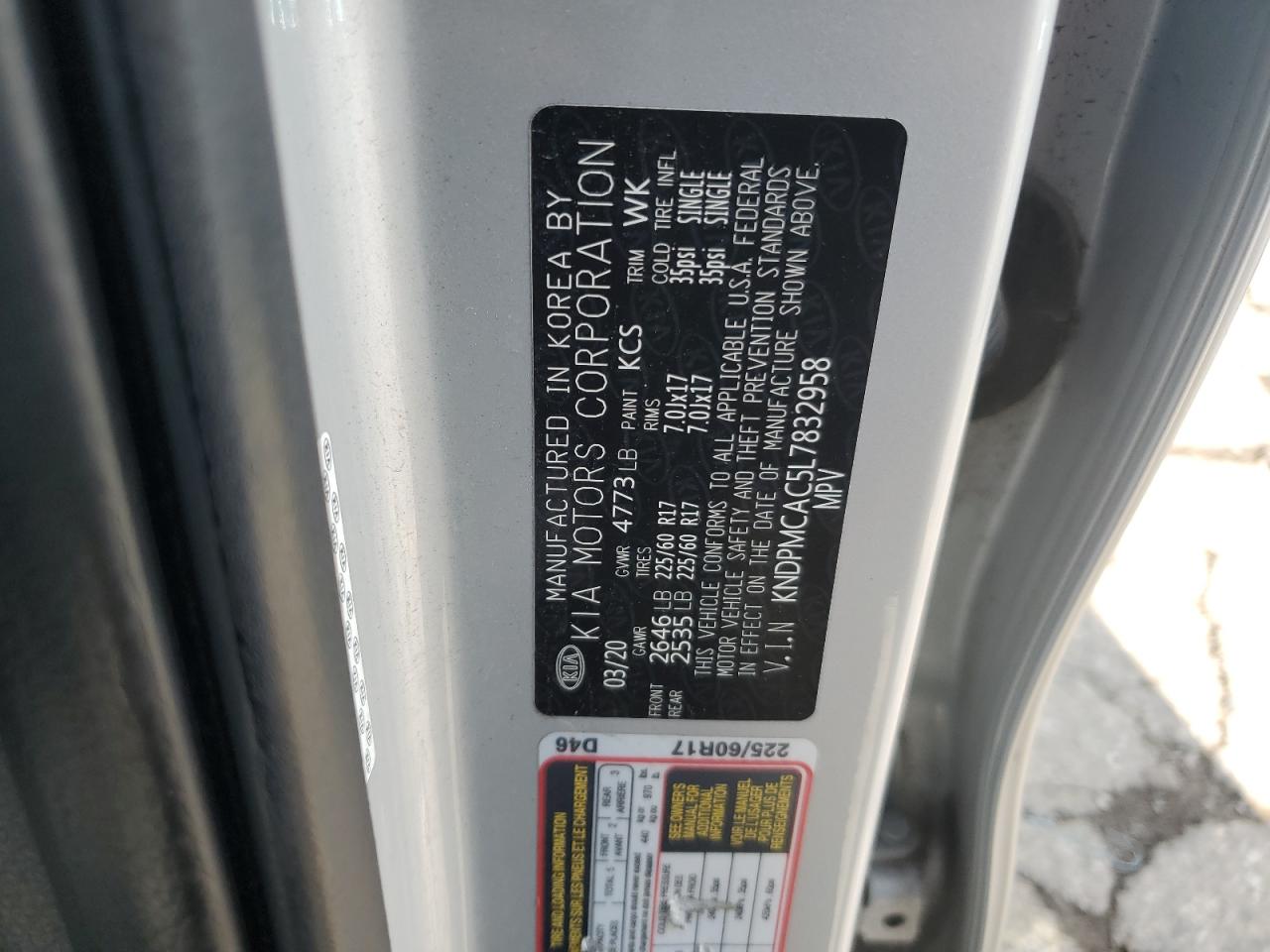 2020 Kia Sportage Lx VIN: KNDPMCAC5L7832958 Lot: 84033095