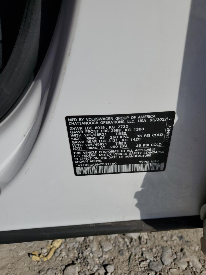 2022 Volkswagen Atlas Sel Premium R-Line VIN: 1V2FR2CA6NC531160 Lot: 67948115