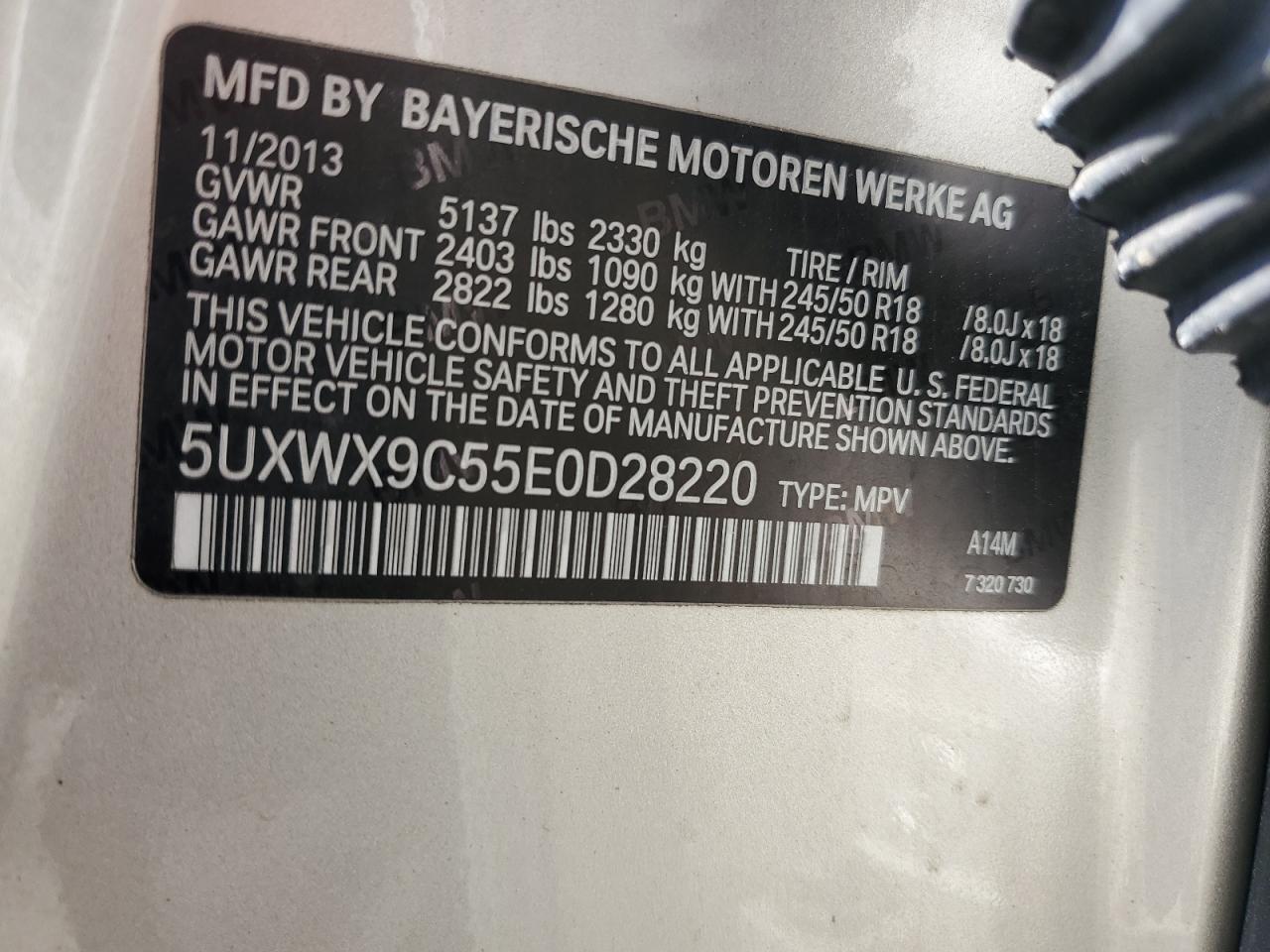 2014 BMW X3 xDrive28I VIN: 5UXWX9C55E0D28220 Lot: 81070885