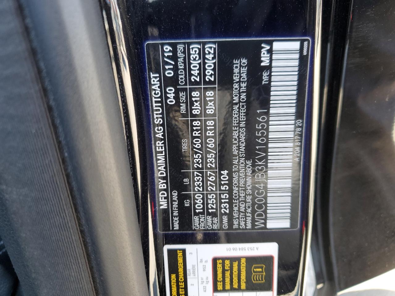 2019 Mercedes-Benz Glc 300 VIN: WDC0G4JB3KV165561 Lot: 70881955