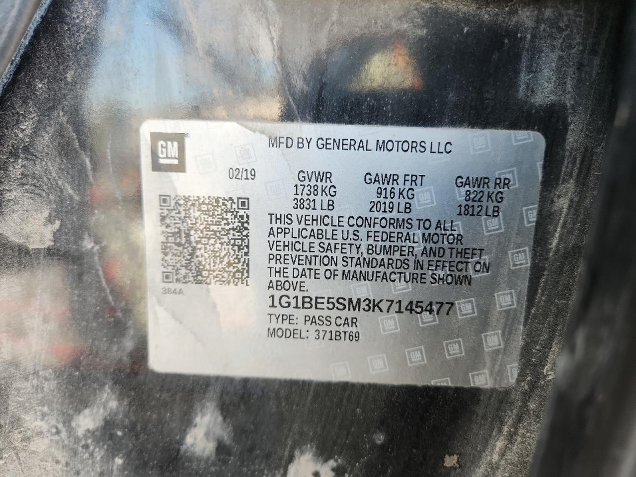 2019 Chevrolet Cruze Lt VIN: 1G1BE5SM3K7145477 Lot: 82159155