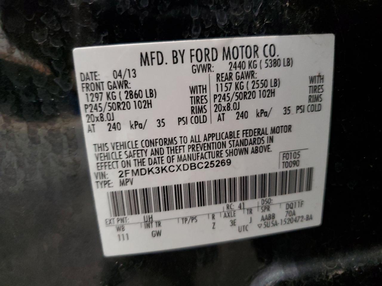 2013 Ford Edge Limited VIN: 2FMDK3KCXDBC25269 Lot: 81890125