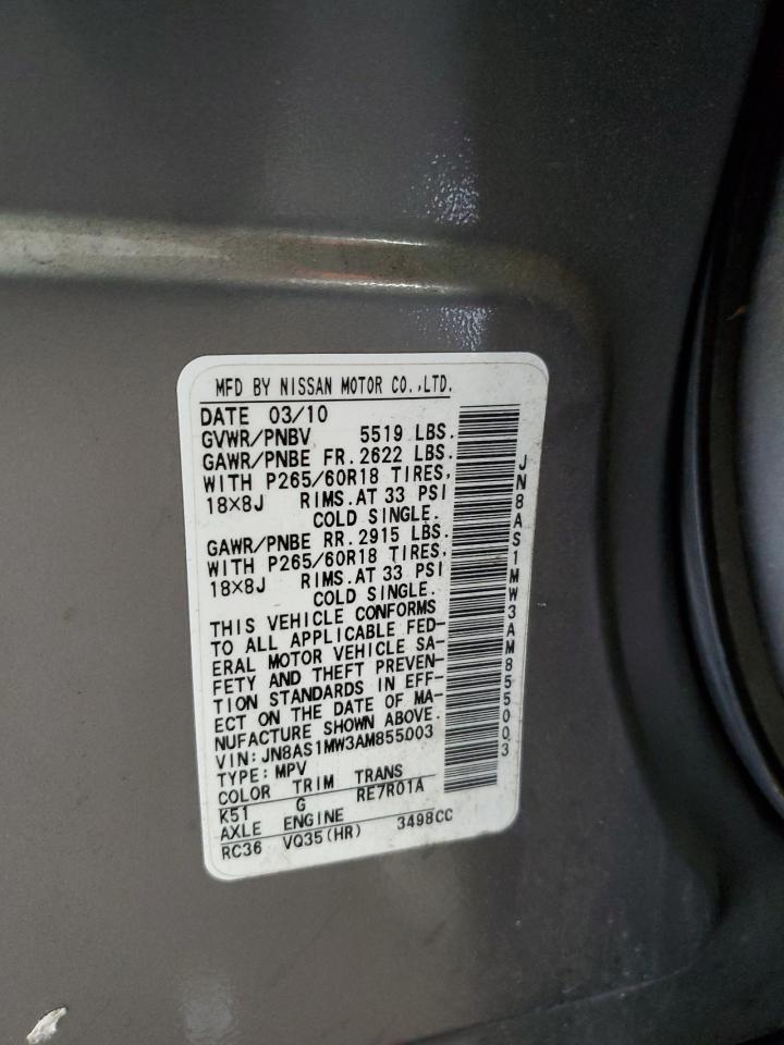 2010 Infiniti Fx35 VIN: JN8AS1MW3AM855003 Lot: 81233675