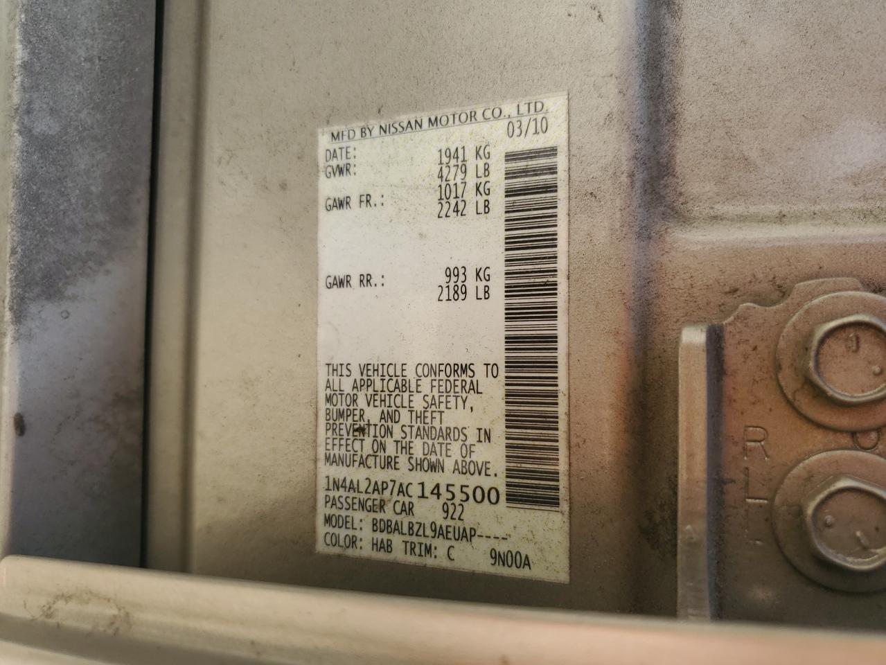 2010 Nissan Altima Base VIN: 1N4AL2AP7AC145500 Lot: 81797735