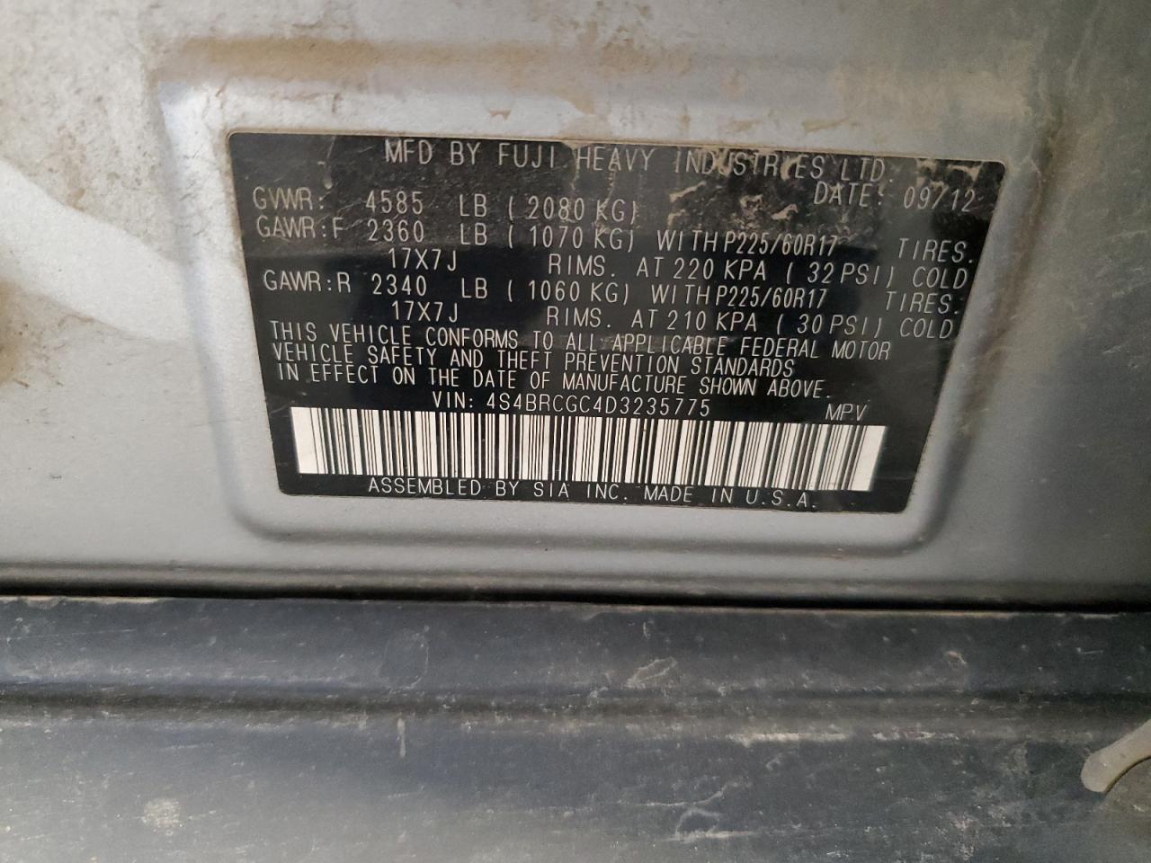 2013 Subaru Outback 2.5I Premium VIN: 4S4BRCGC4D3235775 Lot: 84297915