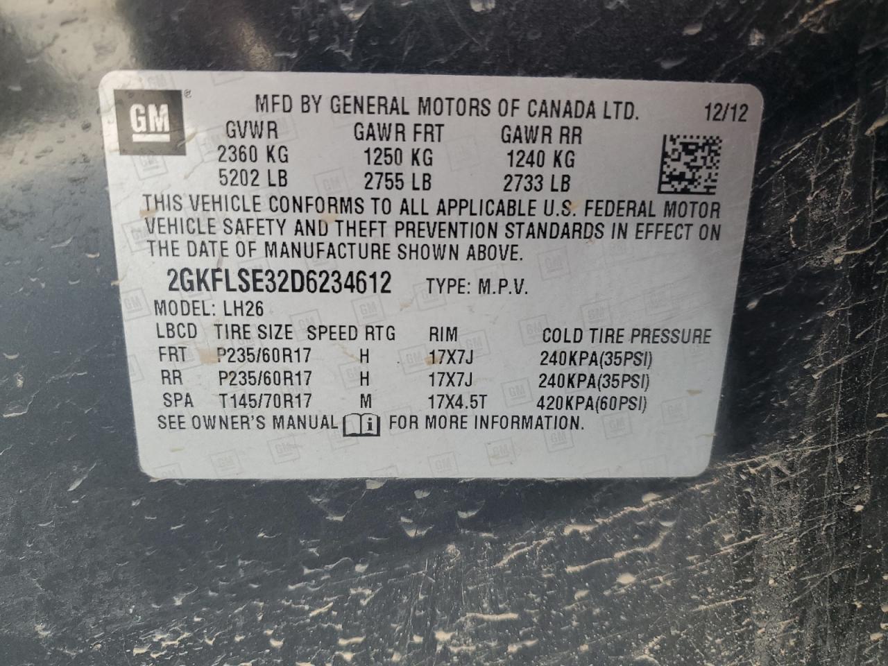2013 GMC Terrain Sle VIN: 2GKFLSE32D6234612 Lot: 80164375