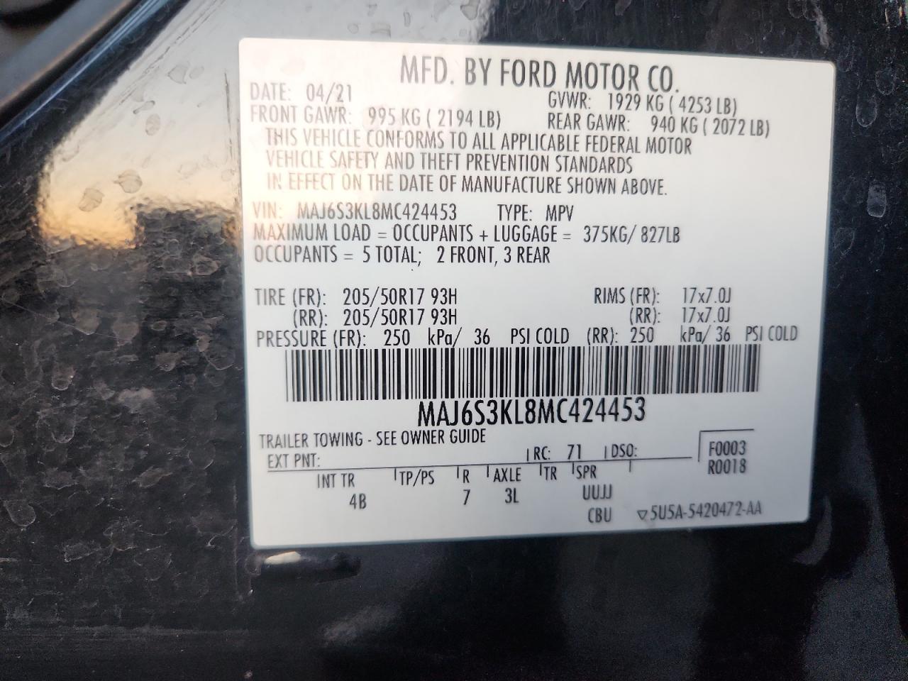 2021 Ford Ecosport Titanium VIN: MAJ6S3KL8MC424453 Lot: 84015775