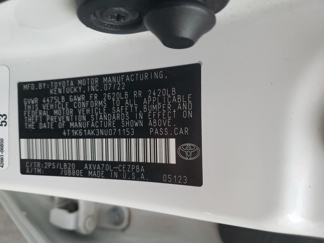 2022 Toyota Camry Xse VIN: 4T1K61AK3NU071153 Lot: 81612955