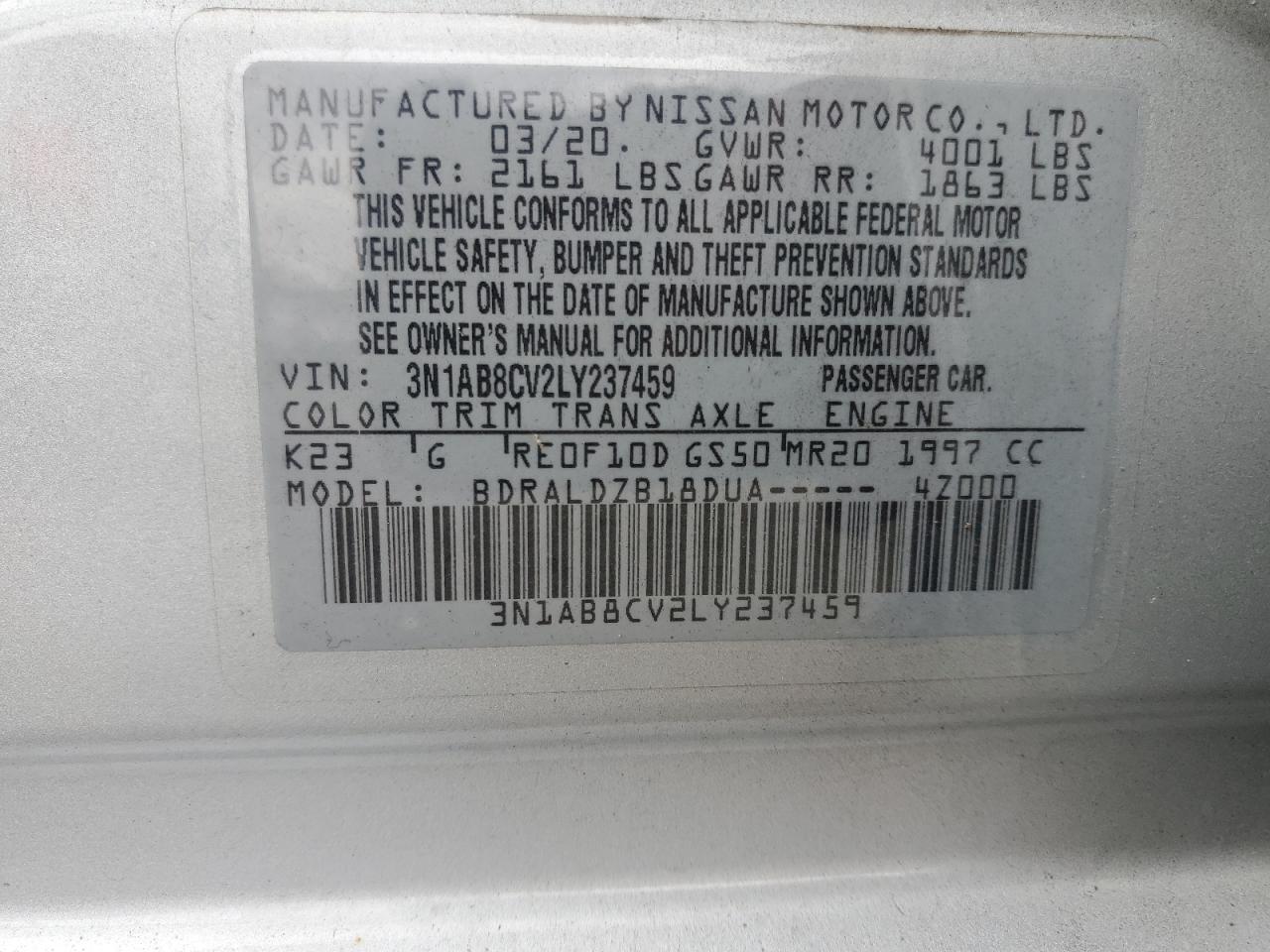 2020 Nissan Sentra Sv VIN: 3N1AB8CV2LY237459 Lot: 84382625