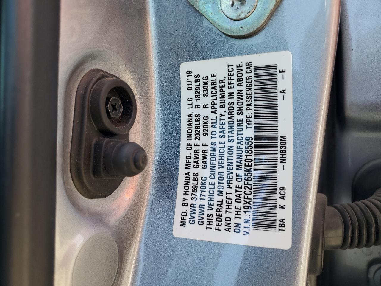 2019 Honda Civic Lx VIN: 19XFC2F65KE018559 Lot: 71550855