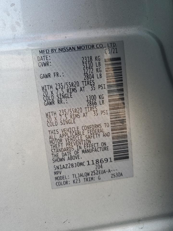 2021 Nissan Murano Sv VIN: 5N1AZ2BJ0MC118691 Lot: 80662165