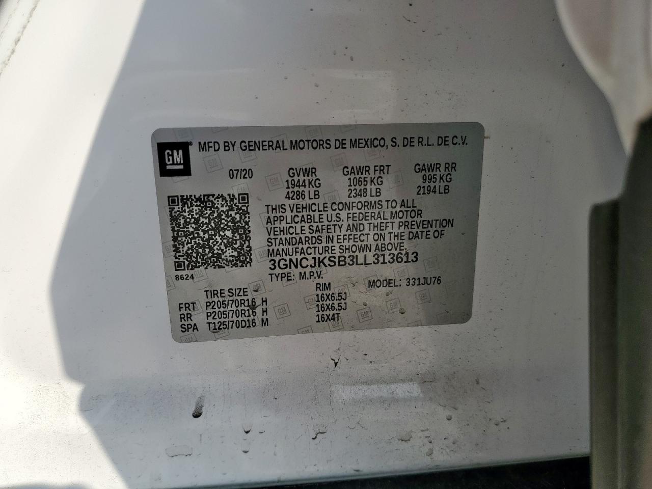 2020 Chevrolet Trax Ls VIN: 3GNCJKSB3LL313613 Lot: 80565215