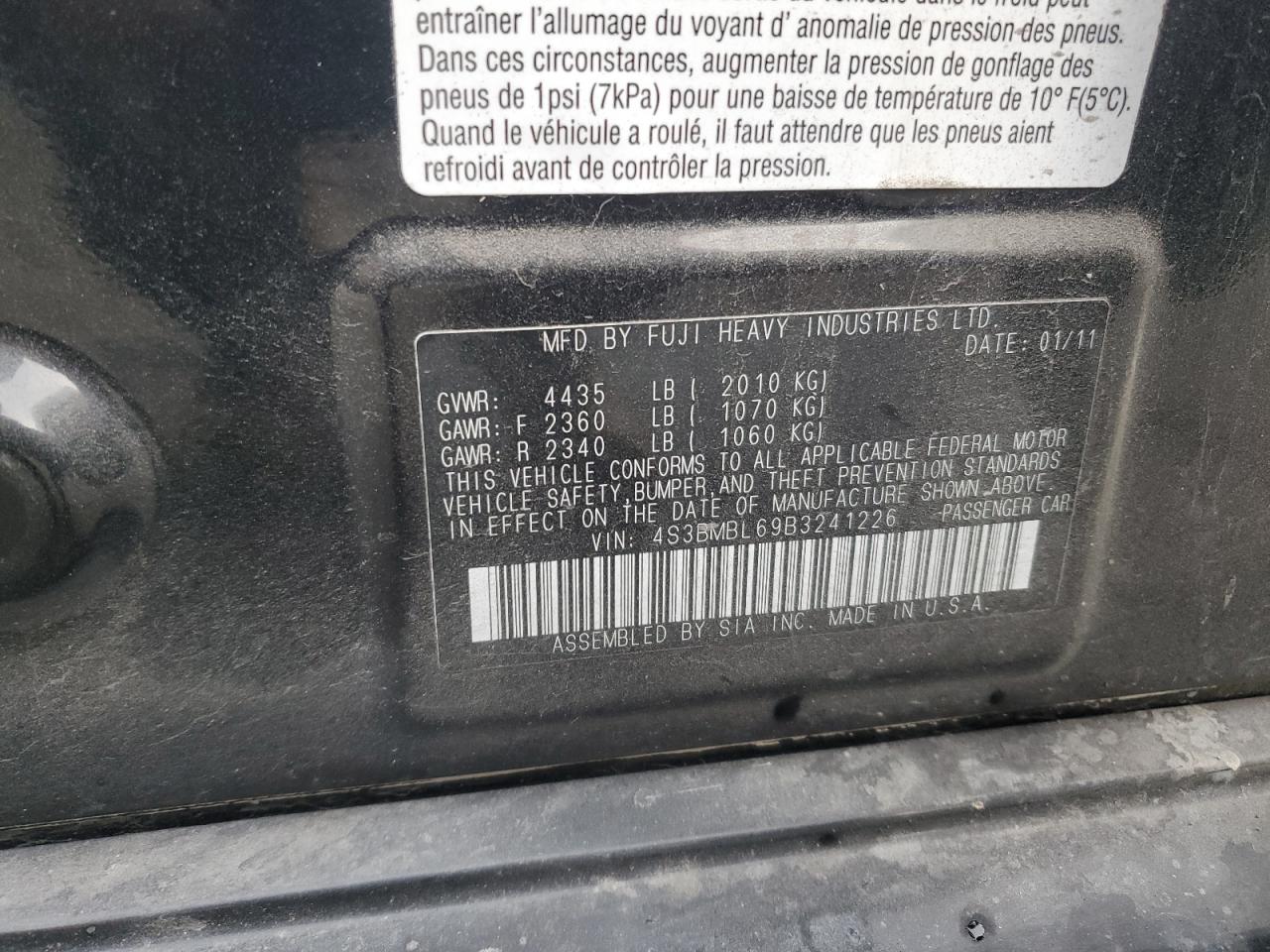 2011 Subaru Legacy 2.5I Limited VIN: 4S3BMBL69B3241226 Lot: 81789825