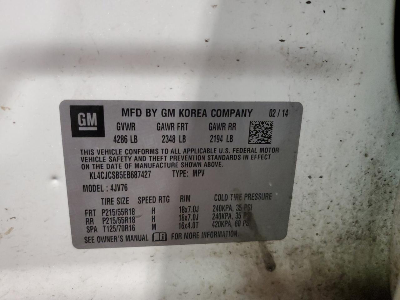 2014 Buick Encore VIN: KL4CJCSB5EB687427 Lot: 81239065