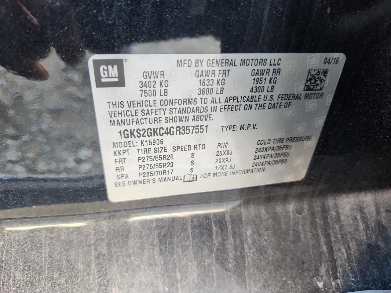 2016 GMC Yukon Xl K1500 Slt VIN: 1GKS2GKC4GR357551 Lot: 81073215