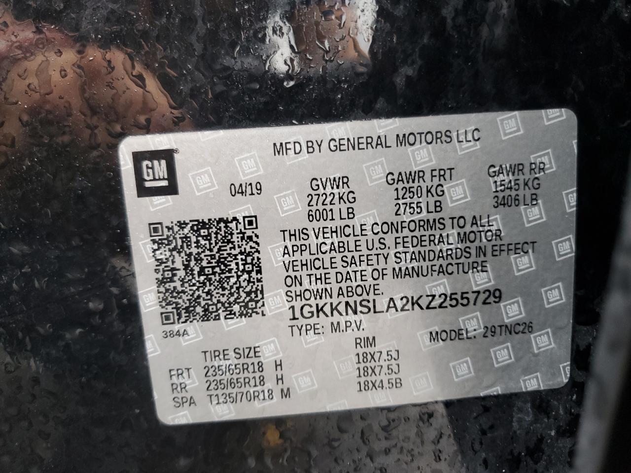 2019 GMC Acadia Sle VIN: 1GKKNSLA2KZ255729 Lot: 84250075