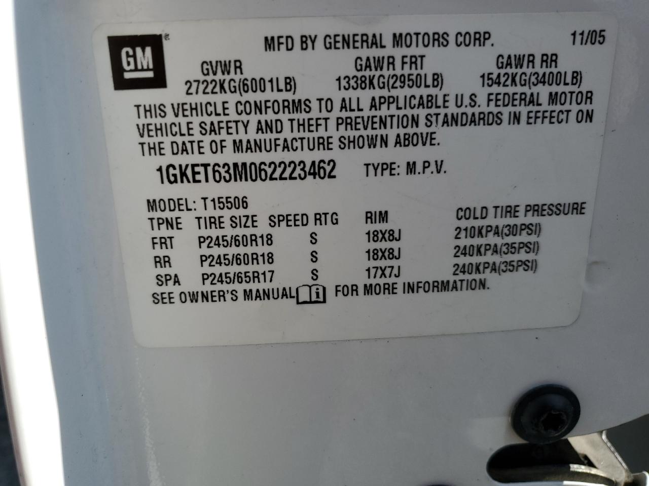2006 GMC Envoy Denali VIN: 1GKET63M062223462 Lot: 71508335